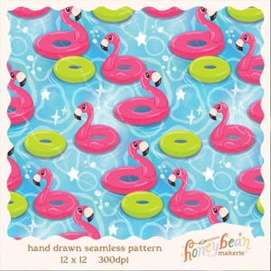 Puede incluir: Patrón sin costuras dibujado a mano con flotadores de piscina de flamenco rosa y flotadores en forma de rosquilla verdes sobre un fondo de agua azul. El texto "hand drawn seamless pattern" está en la parte inferior.