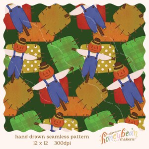 Può includere: Un motivo digitale continuo con spaventapasseri con teste di zucca arancioni, cappelli marroni e salopette blu su camicie bianche, su sfondo verde scuro con toppe colorate. Testo: hand drawn seamless pattern 12 x 12 300dpi honeybean makerie.