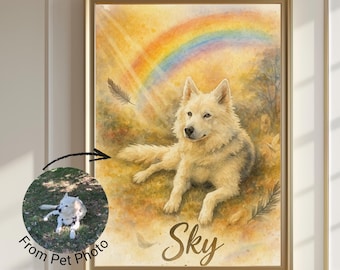 May include: Custom watercolor pet portrait in a gold frame. The artwork features a white dog lying down under a rainbow, with the name "Sky" written below. The text "From Pet Photo" and "Rainbow Bridge Edition" are also included.