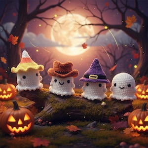 Peut inclure: Quatre petites figurines de fantômes en crochet blanc disposées sur une bûche moussue. Le premier fantôme porte un chapeau en forme de bonbon maïs, le deuxième un chapeau de cow-boy marron, le troisième un chapeau de sorcière violet.