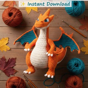 Patrón de amigurumi de dragón que escupe fuego en PDF – Descarga instantánea – Tutorial de muñeco de dragón grande – Patrón de ganchillo de criatura fantástica