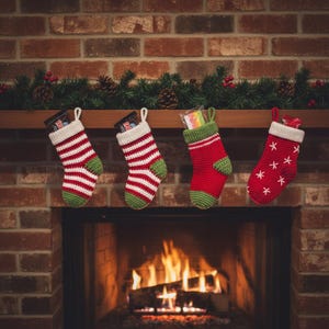 Peut inclure: Quatre chaussettes de Noël faites à la main sont suspendues au-dessus d'une cheminée. Deux sont à rayures rouges et blanches, une est rouge unie avec des étoiles blanches et une est rouge unie avec des bordures vertes. Chaque chaussette est remplie de friandises.