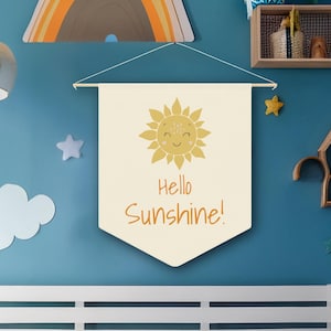 Hello Sunshine Nursery Wall Pennant, Boho Sun Fabric Banner, Gender Neutral Baby Room Décor, Baby Shower or Newborn Toddler Room Decor Gift