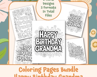 Happy Birthday Grandma Coloring Pages | Grandma Birthday Printable Card, DIY Birthday Activity, Floral Coloring Card | Digital Download
