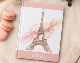 Paris Eiffel Tower Personalized Notebook, Paris Trip Custom Name Journal, Parisian Gift for Women & Teens, Watercolor Hardcover Floral Diary