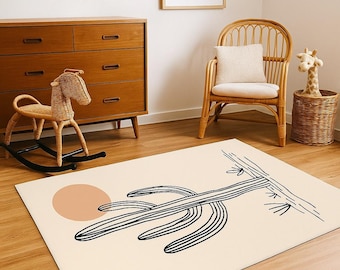 Minimalist Cowboy Nursery Rug, Boho Western Baby Room Decor, Neutral Sun Rug, Southwestern Modern Nursery Mat, Ivory Terracotta Accent Rug