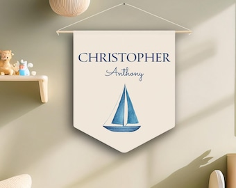 Fanion nautique personnalisé, bannière de chambre d'enfant voilier, décoration de chambre d'enfant nautique, tenture murale nom personnalisé de voilier, décoration de chambre océan garçon