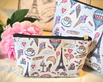 Paris Makeup Bag Vintage style Accessory Pouch Travel Gift French Trip Bag Girls France Gift Idea Mini Eiffel Tower Paris Food lover gift