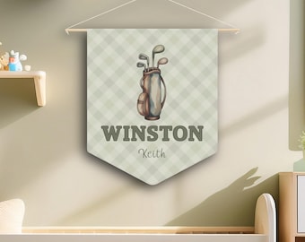Personalized Golf Nursery Pennant | Vintage Style Boys Wall Flag | Golf Baby Name Banner | Sports Nursery Decor, Golf theme Custom wall art