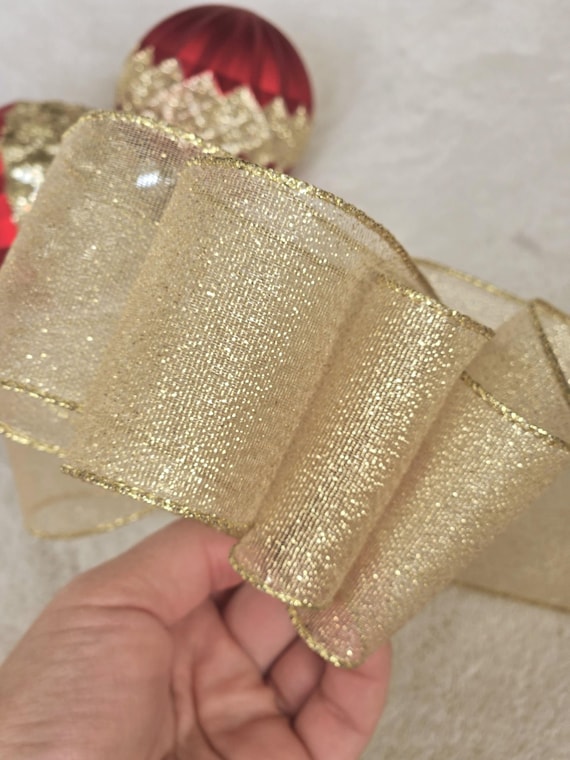 Gold Metallic Glitter Ribbon 2.5" Wide Wire-Edge Wedding Decor Baby Shower Bow Gift Box Craft Ribbon Wreath Party Bridal Baby Shower Decor