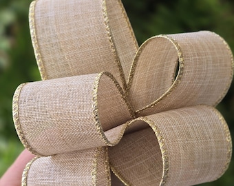 1.5" Rustic Gold Burlap Look Wired Ribbon, Farmhouse Holiday Ribbon for Bows, Wreaths, Wedding Decor, Baby Shower Linen Boho Ribbon