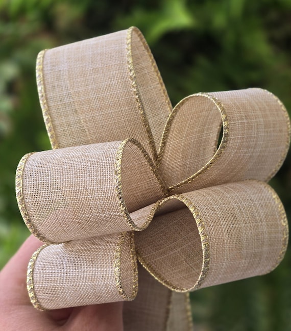 Rustic Gold Burlap Wired Ribbon, Farmhouse Holiday Ribbon for