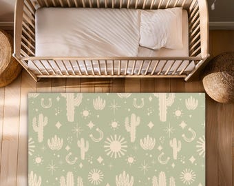 Boho Cowboy Nursery Rug | Western Baby Room Decor | Sage Green Cactus Rug | Desert Sun Horseshoe Pattern | Southwestern Kids Room Area Mat