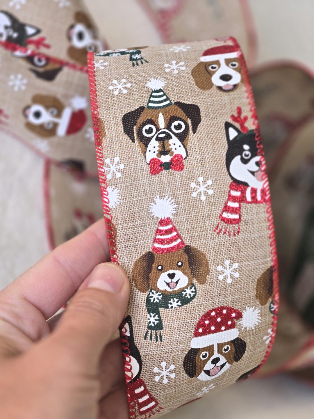 2.5” Christmas Dog Ribbon Wired Edge, Cute Holiday Puppy Ribbon for ...