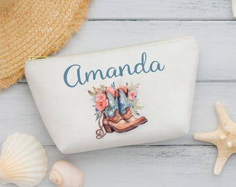 Personalized Coastal Cowgirl Makeup Bag, Western Bachelorette Favor, Bridesmaid Gift Bag, Custom Name Cosmetic Pouch