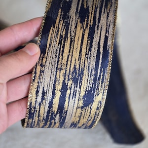 2.5&quot; Deep Blue Gold Wired Ribbon, Luxe Metallic Abstract Stripe Ribbon for Holiday Bows, Wreaths, Gift Wrapping, Christmas Decoration Crafts