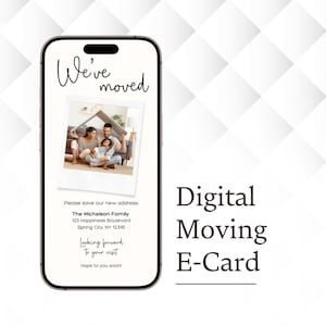 Wir sind umgezogen bearbeitbare Vorlage Umzugsmitteilung Digital Neue Adresse Fügen Sie Ihr eigenes Foto hinzu Wir sind umgezogen Ankündigungsänderung der Adresse Ecard