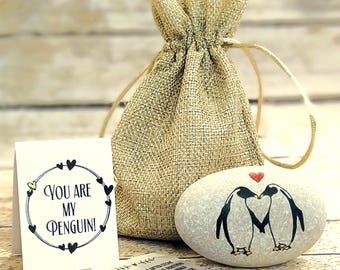 Hand-Painted Penguin Anniversary Stone, Personalized Gift