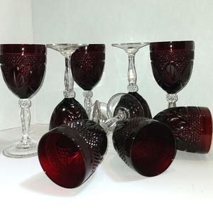 Antique Ruby Cut Crystal Water/Wine Goblets by Cristal D&#39;Arques-Set of 8