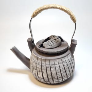 Handmade Crackle Glaze Ceramic Teapot: Jute Handle, Stoneware Pottery