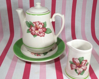 Gorgeous Homer Laughlin Greenbrier Dorothy Draper Rhododendron Coffee Pot, Plate & Creamer Set