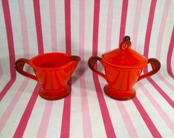 Lovely Mid Century Metlox Poppytrail Vernon Red Rooster 3pc Cream & Sugar Set