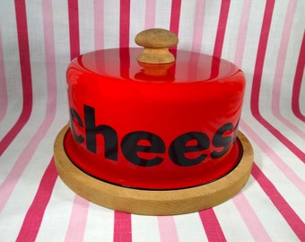 Stylish 1970's MiD Mod Red Enamelware Cheese Dome w/Handle + Wood Serving Tray!