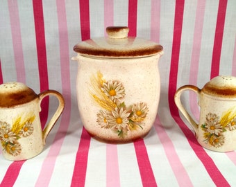 Charming Retro 5pc Daisy Design Stoneware Grease Jar + Salt and Pepper Shakers