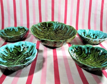 Beautiful Vintage MoD Drip Glaze Cabbage Leaf 5pc Aqua & Green Salad Bowl Set
