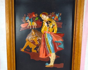 Neat Mid Century Matador and Bull 3D Raised Colorful Design Wood Framed Wall Art