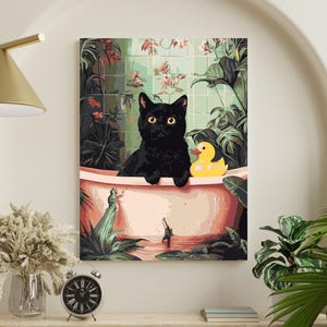 Paint by Numbers Kit – Black Cat in Bathtub | Funny Animal Art | Framed Canvas DIY Gift for Cat Lovers