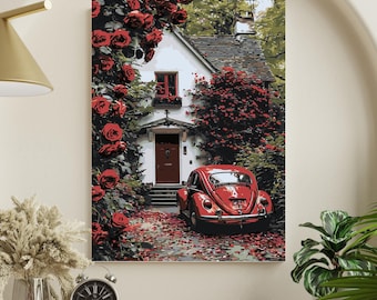 Romantisches Landhaus mit roten Rosen & Oldtimer - Malen nach Zahlen Kit für Home Decor