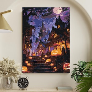 Halloween Paint by Numbers – Haunted Town Steps with Pumpkins & Lanterns – DIY Acrylic Painting Kit – Autumn Home Decor and Halloween Gift