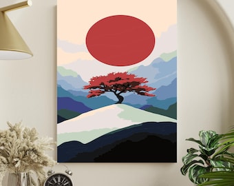 Japanischer Sonnenuntergang Malen nach Zahlen Kit: Minimalistischer Baum Bild