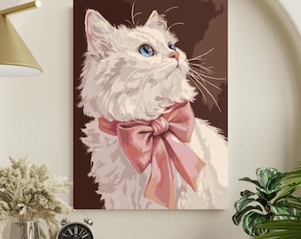 Weiße Katze Malen Nach Zahlen Kit: Elegante Flauschige Katze mit Rosa Schleife