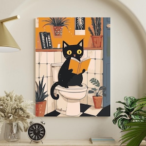 Black Cat in Bathroom Paint by Numbers Kit | Funny Cat Art on Framed Canvas | DIY Painting Gift for Cat Lovers & Beginners