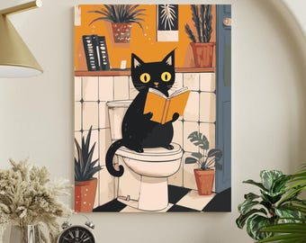 Black Cat Paint by Numbers Kit: Funny Bathroom Art on Framed Canvas