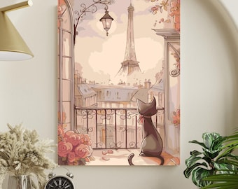 Romantische Paris Katze Malen Nach Zahlen Kit: Eiffelturm Balkon Sonnenuntergang DIY Art