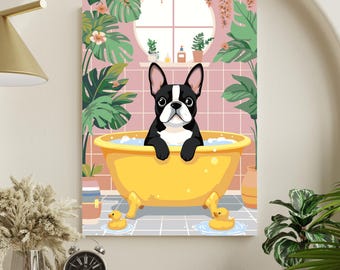 Hund Malen nach Zahlen Set: Französische Bulldogge im Badezimmer, Fun Flat Art