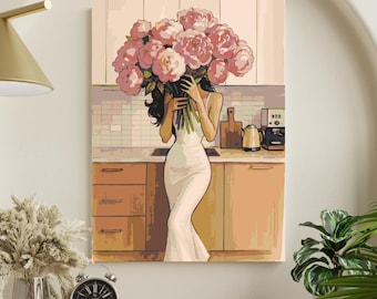 DIY Malen nach Zahlen Kit: Elegante Frau mit Pfingstrosen - Moderne Wandkunst