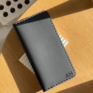 Zwart lederen herenportemonnee, gepersonaliseerde rugzaktas, reisaccessoires, geldenvelopkoppeling, cadeau voor hem vader vader jongen chequeboekomslag