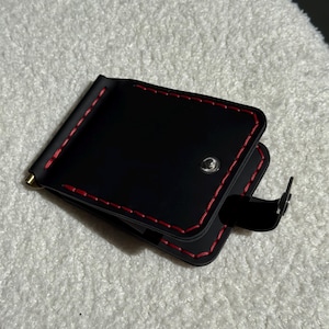 Zwarte portemonnee met geldclip, volnerf lederen herenaccessoires, gepersonaliseerde echte minimalistische portemonnee voorvak, verjaardagscadeau vader hem