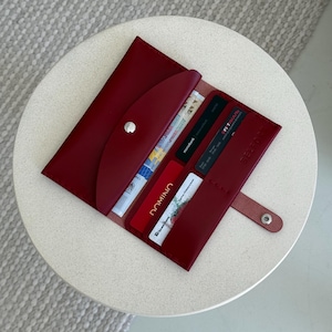 Carteira de couro vermelha para mulher, bolsa de mochila personalizada, acessórios de viagem, bolsa de envelope de dinheiro, presente para sua mãe, esposa, menina, talão de cheques Cove
