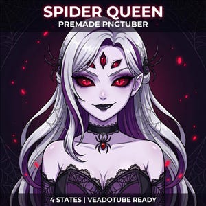 Peut inclure: Illustration numérique d'un personnage intitulé "Spider Queen" avec des cheveux blancs, des yeux rouges et un collier ras du cou noir avec un pendentif araignée. L'image contient le texte "PREMADE PNGTUBER" et "4 STATES | VEADOTUBE READY".