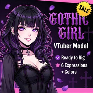 Puede incluir: Ilustración digital de un modelo VTuber de Gothic Girl con cabello negro y morado, vistiendo un vestido negro y gargantilla. La imagen incluye el texto "GOTHIC GIRL", "VTuber Model", "Ready to Rig", "6 Expressions + Colors" y una etiqueta "SALE".