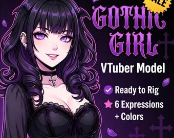 May include: Digital illustration of a Gothic Girl VTuber model with black and purple hair, wearing a black dress and choker. The image includes the text "GOTHIC GIRL", "VTuber Model", "Ready to Rig", "6 Expressions + Colors", and a "SALE" tag.