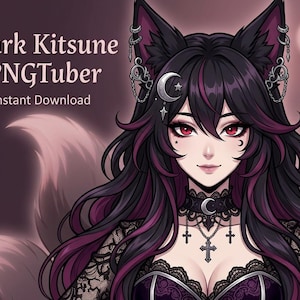 May include: Digital art of a dark-haired anime-style character with fox ears and a tail. The character has red eyes, a choker, and a cross pendant. Text on the image reads "Dark Kitsune PNGTuber" and "Instant Download". The color scheme is primarily black and purple.