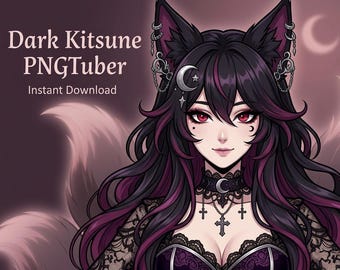 May include: Digital art of a dark-haired anime-style character with fox ears and a tail. The character has red eyes, a choker, and a cross pendant. Text on the image reads "Dark Kitsune PNGTuber" and "Instant Download". The color scheme is primarily black and purple.