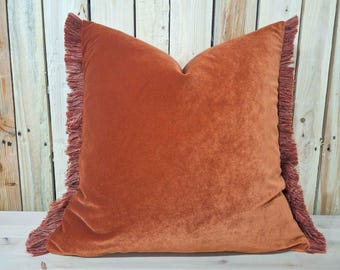 Terracotta Velvet Pillow Cover with Fringe, Burnt Orange Cushion, Rustic Boho Decorative Throw Pillow, Soft Matte Velvet Pillowcase