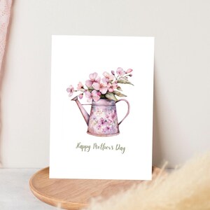 Carte de fête des mères imprimable, aquarelle rose et lilas arrosoir floral, carte de fête des mères pliée 5 × 7, téléchargement immédiat